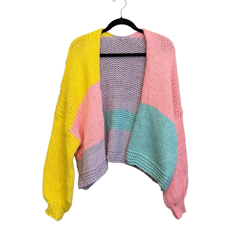 Colorblock Pastel Cardigan L/XL Chunky Knit Open Front Kidcore Twee Soft Girl